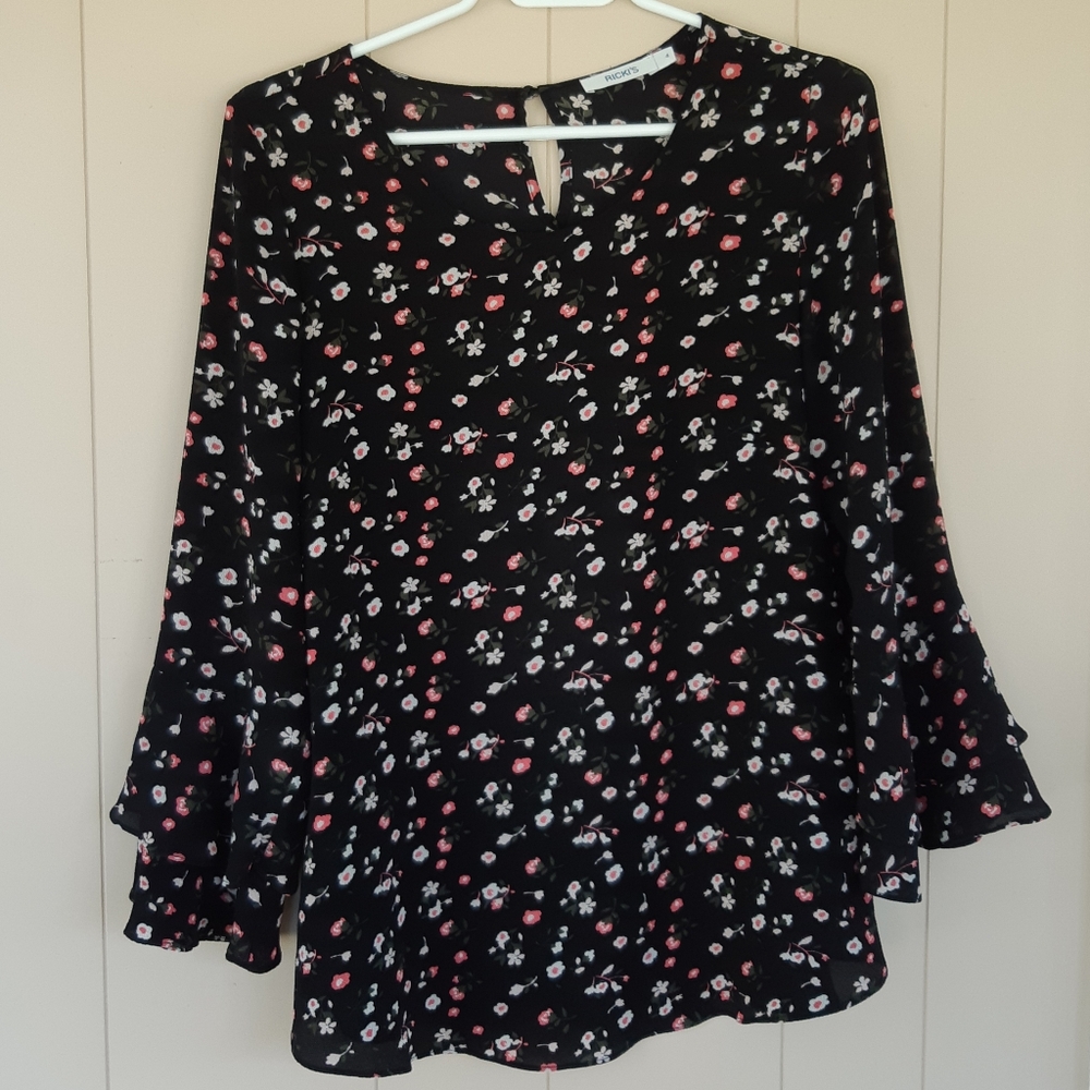 Ricki's Black Floral Bell Sleeve Top Size 4